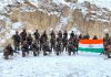 Indian Army personnel holding the national flag Tricolour on the occasion of new year 2022 somewhere in Galwan Valley. (UNI)