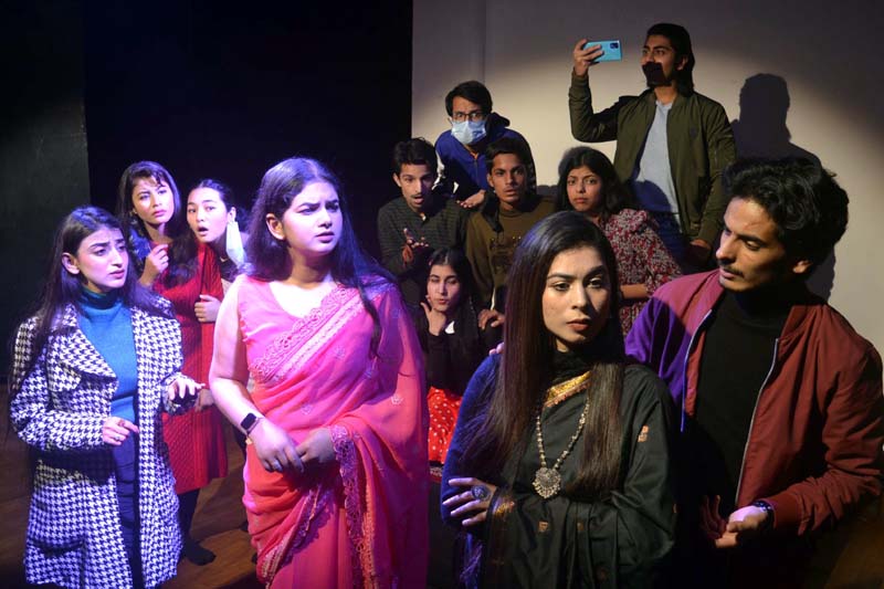Artists performing during the play ‘Love in the time of Corona’ at Natrang Studio, Jammu.