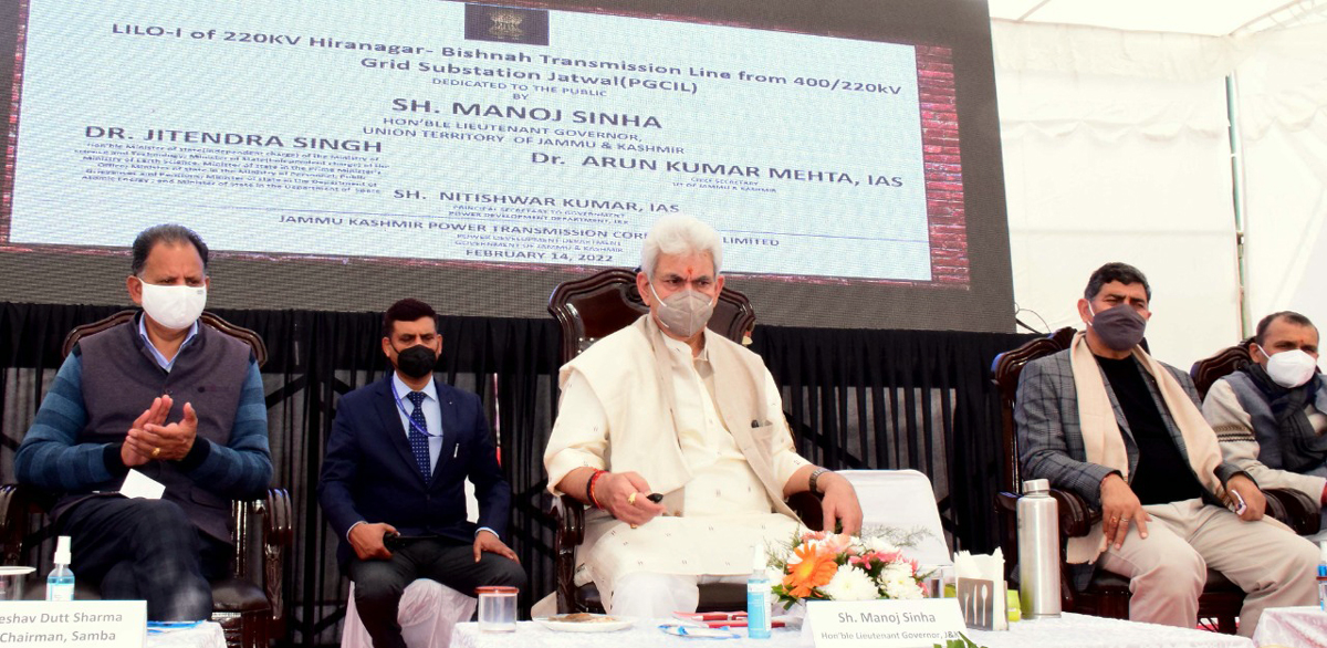 Lieutenant Governor Manoj Sinha inaugurating power transmission and distribution projects in Samba on Monday.