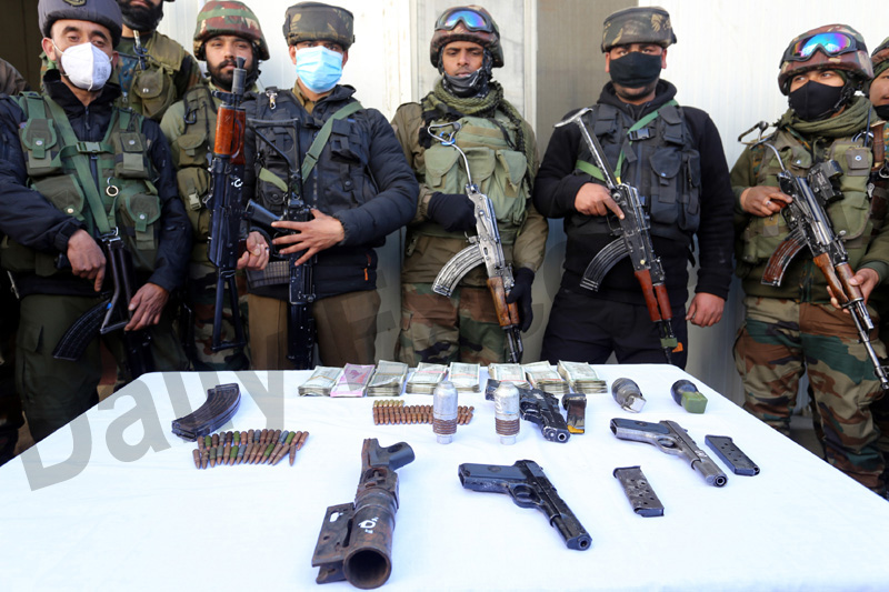 Arms and ammunition recovered from militants in Sopore on Saturday. —Excelsior/Aabid Nabi
