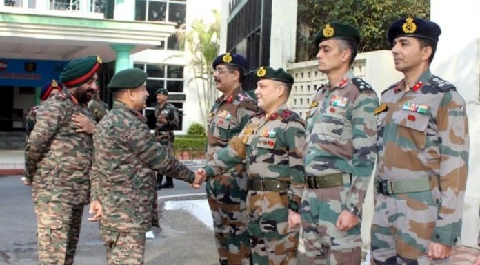 Northern Command chief Lt Gen Upendra Dwivedi meeting Army officers at Nagrota on Friday.