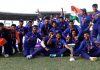Indian players posing for group photograph after winning U-19 World Cup at Sir Vivian Richards Stadium in Antigua. (UNI )
