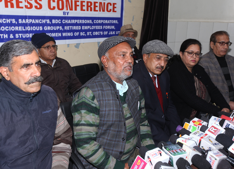 Senior members of Reserved Categories Empowerment Alliance addressing press conference in Jammu on Wednesday. — Excelsior/ Rakesh