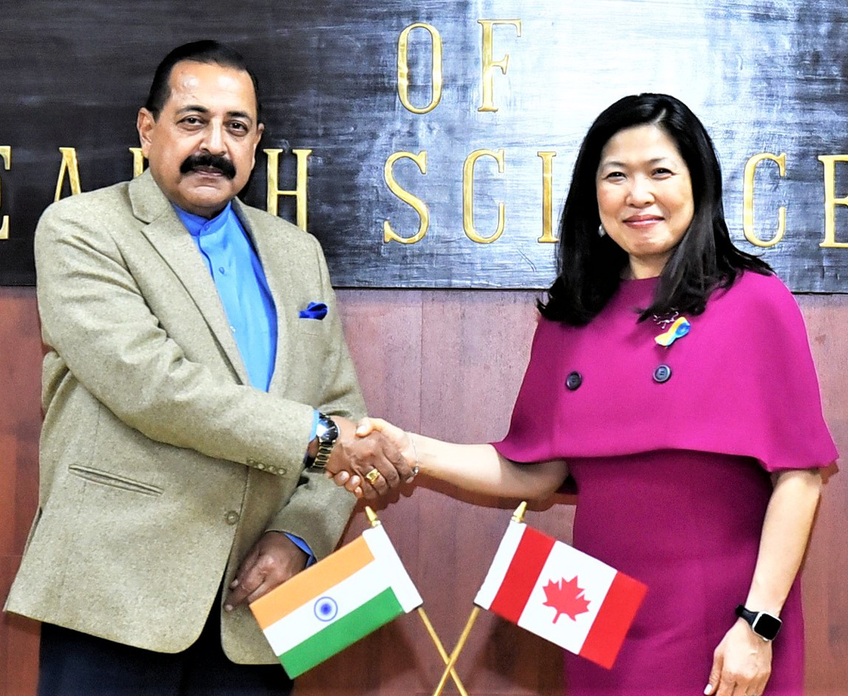 Canadian Minister of International Trade, Export Promotion, Small Business and Economic Development, Mary Ng calling on Union Minister Dr Jitendra Singh at Prithvi Bhawan, New Delhi on Friday.