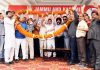 Apni Party president, Altaf Bukhari and other senior leaders being garlanded at a party function at Vijaypur on Monday.