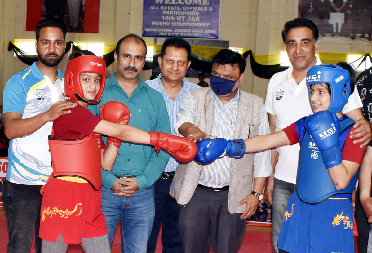 Principal Secretary Alok Kumar inaugurating Wushu Championship in presence of others at Bhagwati Nagar, Jammu on Tuesday.