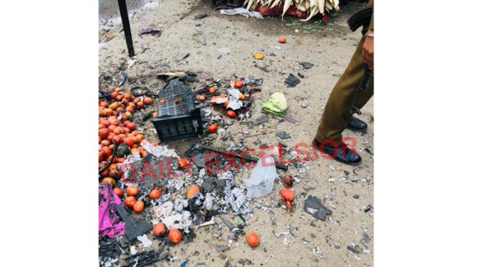 Site of the blast at Slathia Chowk in Udhampur on Wednesday. —Excelsior/ K Kumar
