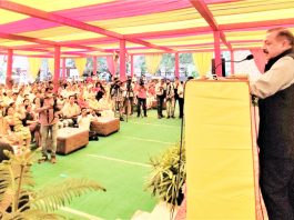 Union Minister Dr Jitendra Singh addressing a gathering of displaced KPs at Rohini, New Delhi on Sunday.