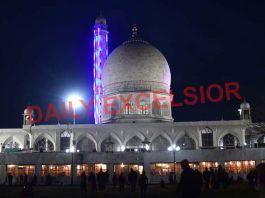 Hazratbal Shrine illuminated on Shab-e-Meraj in Srinagar on Monday. -Excelsior/Shakeel