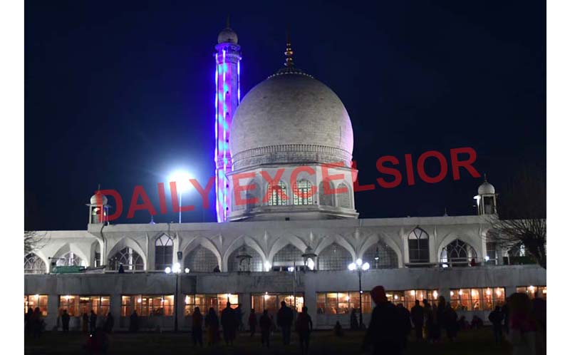 Hazratbal Shrine illuminated on Shab-e-Meraj in Srinagar on Monday. -Excelsior/Shakeel