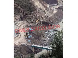 Jammu-Srinagar National Highway blocked near Samroli in Udhampur on Monday. -Excelsior/K Kumar