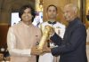 Olympic gold medalist Neeraj Chopra receiving Padma Shri from President Ram Nath Kovind on Monday.