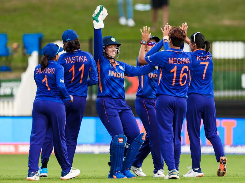 Indian Women team celebrating after fall of a wicket against West Indies at Seddon Park in Hamilton on Saturday.(UNI)
