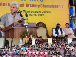 Lt Governor Manoj Sinha addressing sportspersons and officials at MA Stadium in Jammu on Saturday.