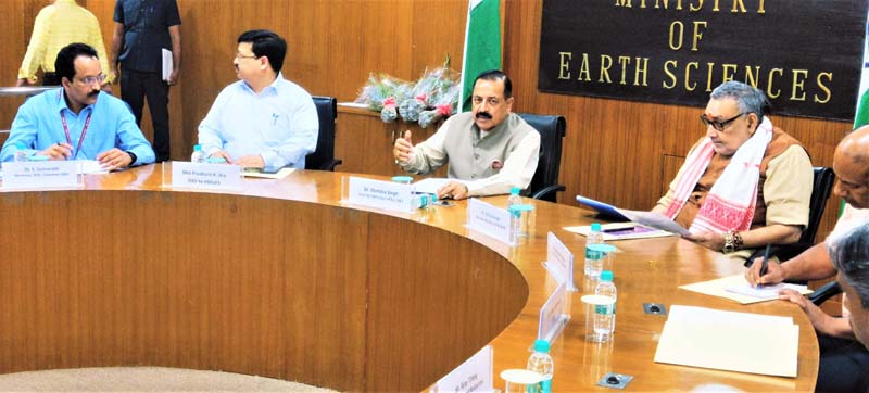 Union Ministers Dr Jitendra Singh and Giriraj Singh reviewing preparations for PM Narendra Modi's Jammu visit at a meeting, at New Delhi on Monday.