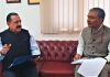 Union Minister Dr Jitendra Singh receiving a briefing and update about various ongoing NHIDCL projects in J&K from Managing Director NHIDCL, Chanchal Kumar, on Sunday.