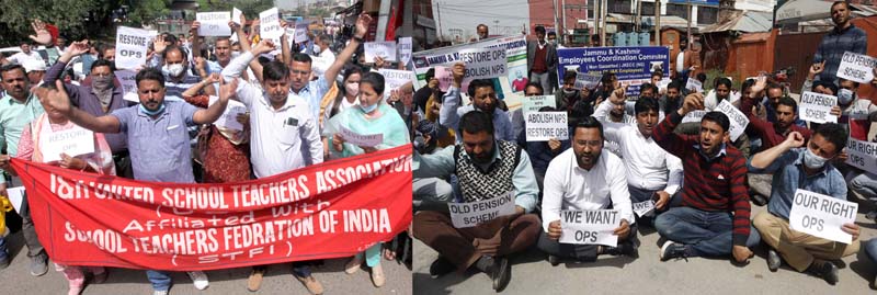 Protests for restoration of Old Pension Scheme in Jammu and Srinagar. -Excelsior/Rakesh/Shakeel