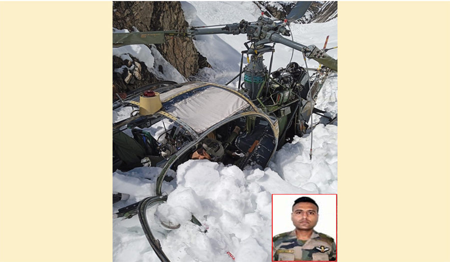 Wreckage of helicopter that crashed in Gurez on Friday. (Inset) Maj Sankalp Yadav.