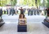 Lt Gen D P Pandey, Chinar Corps Commander and all ranks paying homage to three soldiers who were killed in accident during a solemn ceremony at Badami Bagh Cantonment in Srinagar on Saturday. (UNI)