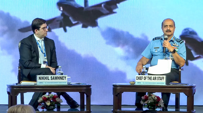 Chief of Air Staff Air Chief Marshal Vivek Ram Chaudhari addressing at '7th National Leadership Conclave 2022' of AIMA, in New Delhi on Tuesday. (UNI)