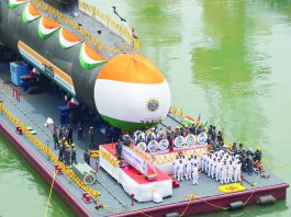 The sixth Scorpene class submarine, INS Vagsheer constructed by Mazagon Dock Shipbuilders Limited for the Indian Navy launched in Mumbai on Wednesday. UNI PHOTO-32U