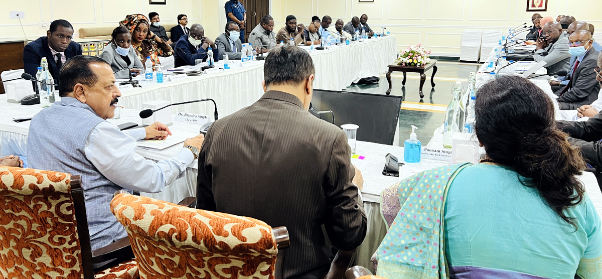 Union Minister Dr Jitendra Singh interacting with Permanent Secretaries of the Govt of Gambia, who are currently in India to attend a one-week Capacity Building Programme on Public Policy and Governance, at New Delhi on Tuesday.