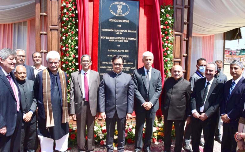 Chief Justice of India N V Ramana in presence of Union Minister of Law and Justice Kiren Rijiju and Lt Governor of J&K Manoj Sinha after laying foundation stone of New High Court complex of J&K and Ladakh in Srinagar on Saturday (UNI)