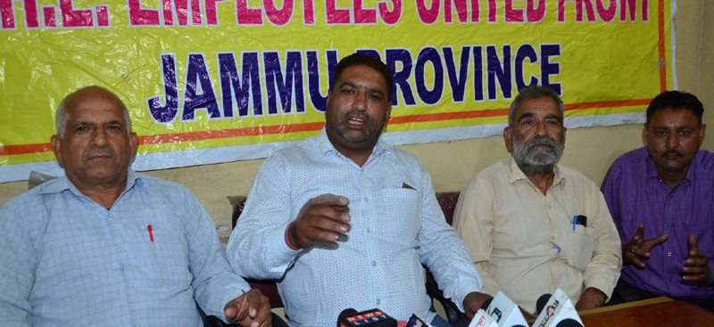 Senior members of PHE Employees United Front addressing press conference in Jammu on Thursday. —Excelsior/ Rakesh