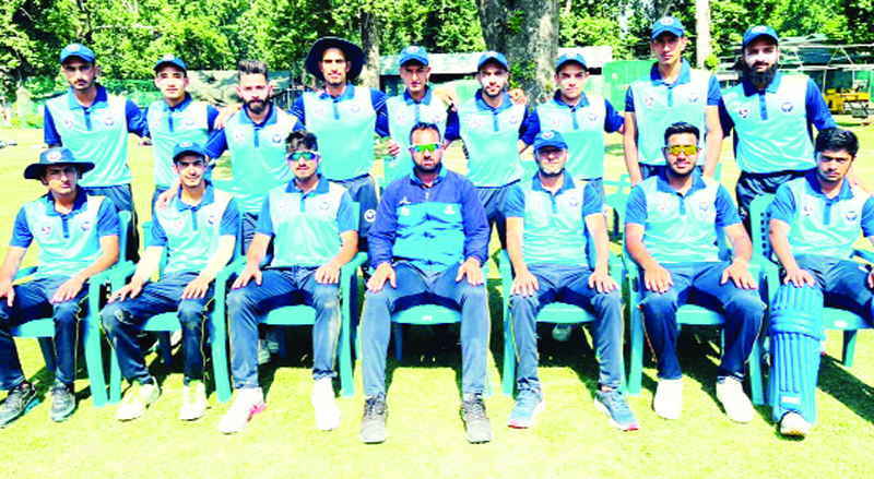 Teams posing for a group photograph during U-19 Men One-Day Tournament in Srinagar .