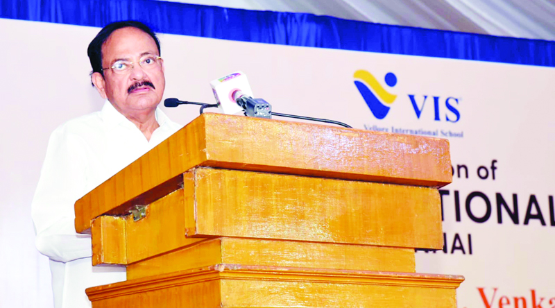 Vice President Venkaiah Naidu addressing after inaugurating the Vellore International School near Kelambakkam, Anbarasan, in Chennai on Wednesday. (UNI)