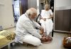 Prime Minister Narendra Modi seeks blessings of his mother as she enters 100th year, in Ahmedabad on Saturday. (UNI)