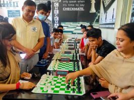 Chief Guest, Sunaina Sharma enjoying Chess game along with Principal IDPS, Randeep Wazir on Friday.