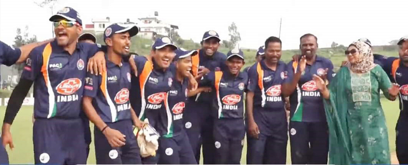 Indian Divyang team celebrating victory against Nepal while posing for a photograph at Kathmandu in Nepal on Monday.
