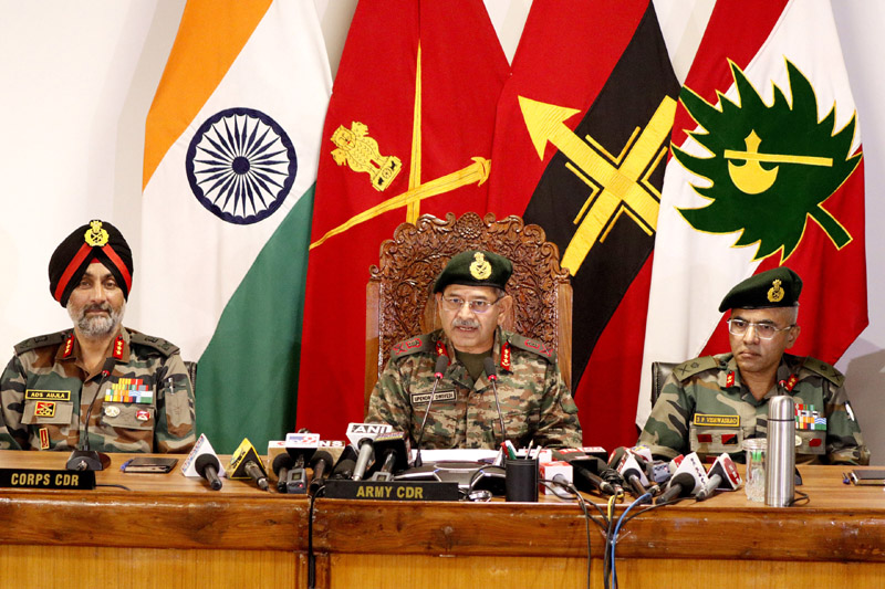Northern Army Commander Lt Gen Upendra Dwivedi along with other officers addressing a press conference in Srinagar on Wednesday. —Excelsior/Shakeel