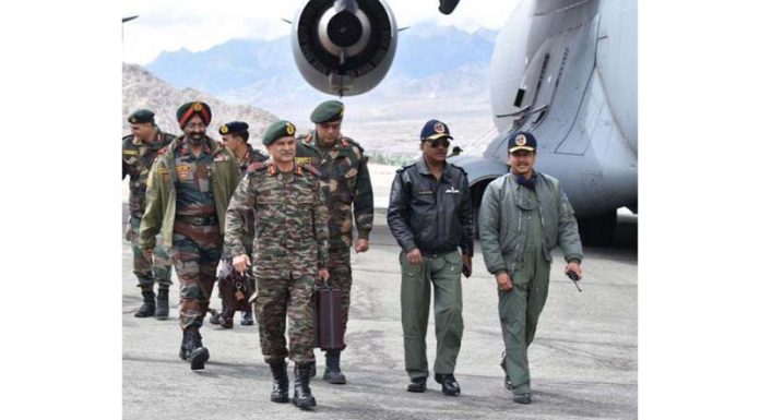 Northern Command chief Lt Gen Upendra Dwivedi on his arrival at Leh on Monday.