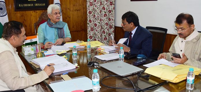 Lieutenant Governor Manoj Sinha chairing the Administrative Council meeting in Srinagar on Wednesday.