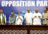 West Bengal Chief Minister Mamata Banerjee, NCP chief Sharad Pawar, Leader of Opposition in Rajya Sabha Mallikarjun Kharge, DMK leader TR Baalu, PDP chief Mehbooba Mufti and Samajwadi Party president Akhilesh Yadav at a press conference after meeting of Opposition parties ahead of Presidential poll in New Delhi on Wednesday. (UNI)