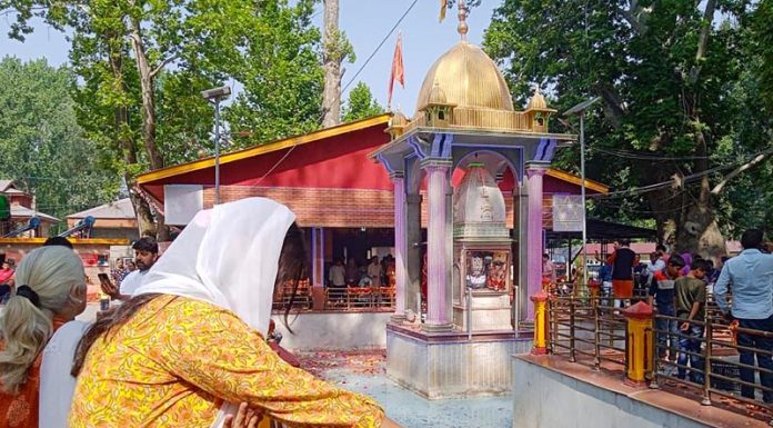 Devotees offering prayers at Mata Kheer Bhawani temple, Tulmulla on the occasion of Jyeshta Ashtami on Wednesday.