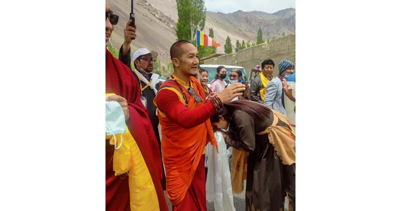 Monk Palga Rinpoche on reaching village Mulbek along Leh-Kargil border on Monday. -Excelsior/Morup Stanzin