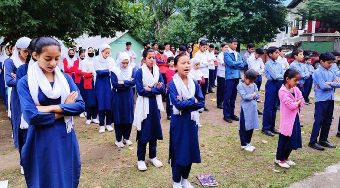 Students at a school which reopened after 10 days in Bhaderwah on Monday. -Excelsior/Tilak Raj