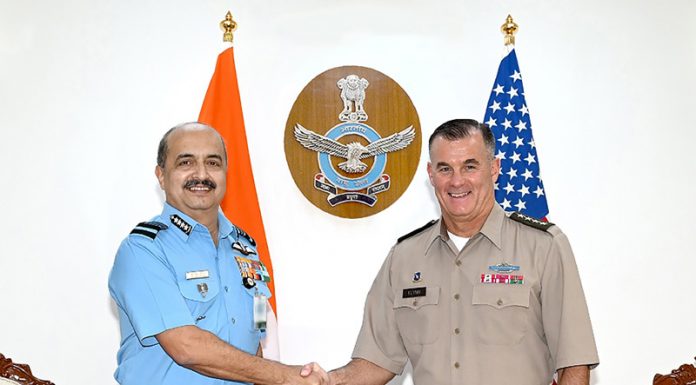 General Charles A Flynn, Commanding General, United States Army Pacific calling on Chief of Air Staff Air Chief Marshal Vivek Ram Chaudhari in New Delhi on Wednesday.(UNI)