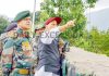 Defence Minister Rajnath Singh during his visit to a forward post in Baramulla on Thursday. -Excelsior/Aabid Nabi