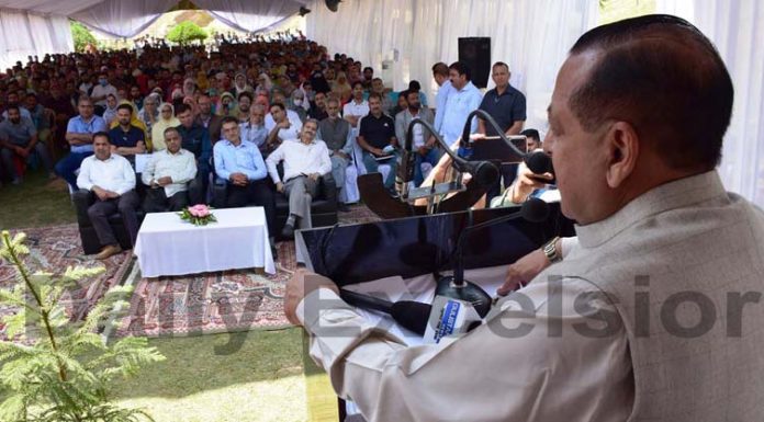 Union Minister Dr Jitendra Singh addressing a meeting at Budgam on Tuesday. -Excelsior / Shakeel