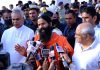 Swami Ramdev interacting with media persons at Ahmedabad after Yoga protocol rehearsal on Sunday.