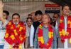 Senior leaders of Apni Party led by Altaf Bukhari at a rally in Srinagar on Friday.