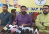 BJYM J&K UT, president Arun Prabhat, State in charge media Chetan Wanchoo addressing a press conference at Jammu on Wednesday.