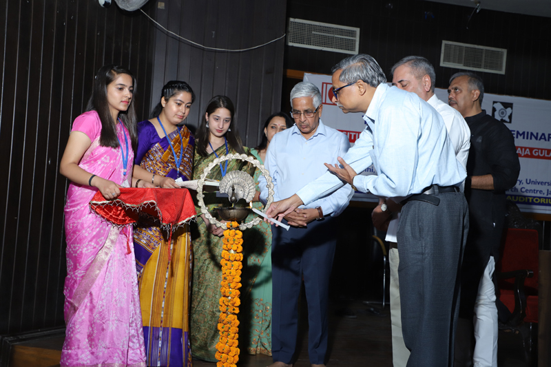 JU Vice-Chancellor Prof Umesh Rai and others lighting ceremonial lamp at inagural of 3-day seminar on Maharaja Gulab Singh on Wednesday.