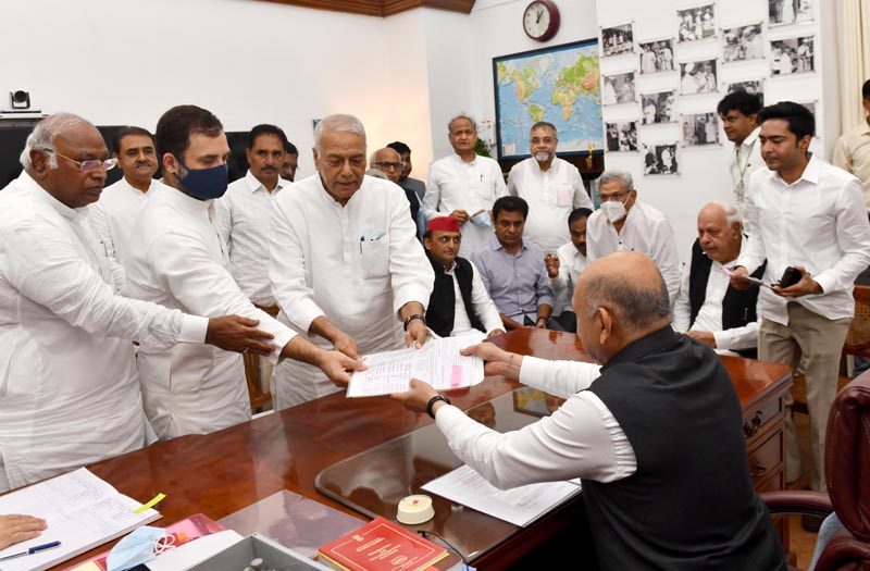 UPA Presidential candidate Yashwant Sinha filing nomination for Presidential election 2022 in the presence of senior leaders of the alliance, at Parliament House in New Delhi on Monday. (UNI)