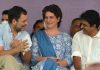 Congress leaders Rahul Gandhi, Priyanka Gandhi Vadra and K C Venugopal, during a Satyagrah against the Agnipath scheme, at the AICC headquarters, in New Delhi on Wednesday. (UNI)