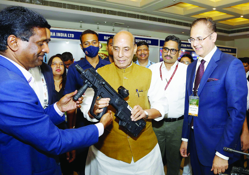 Defence Minister Rajnath Singh at the exhibition organised during the second conference on Military Ammunition (Ammo India) in New Delhi on Wednesday. (UNI)
